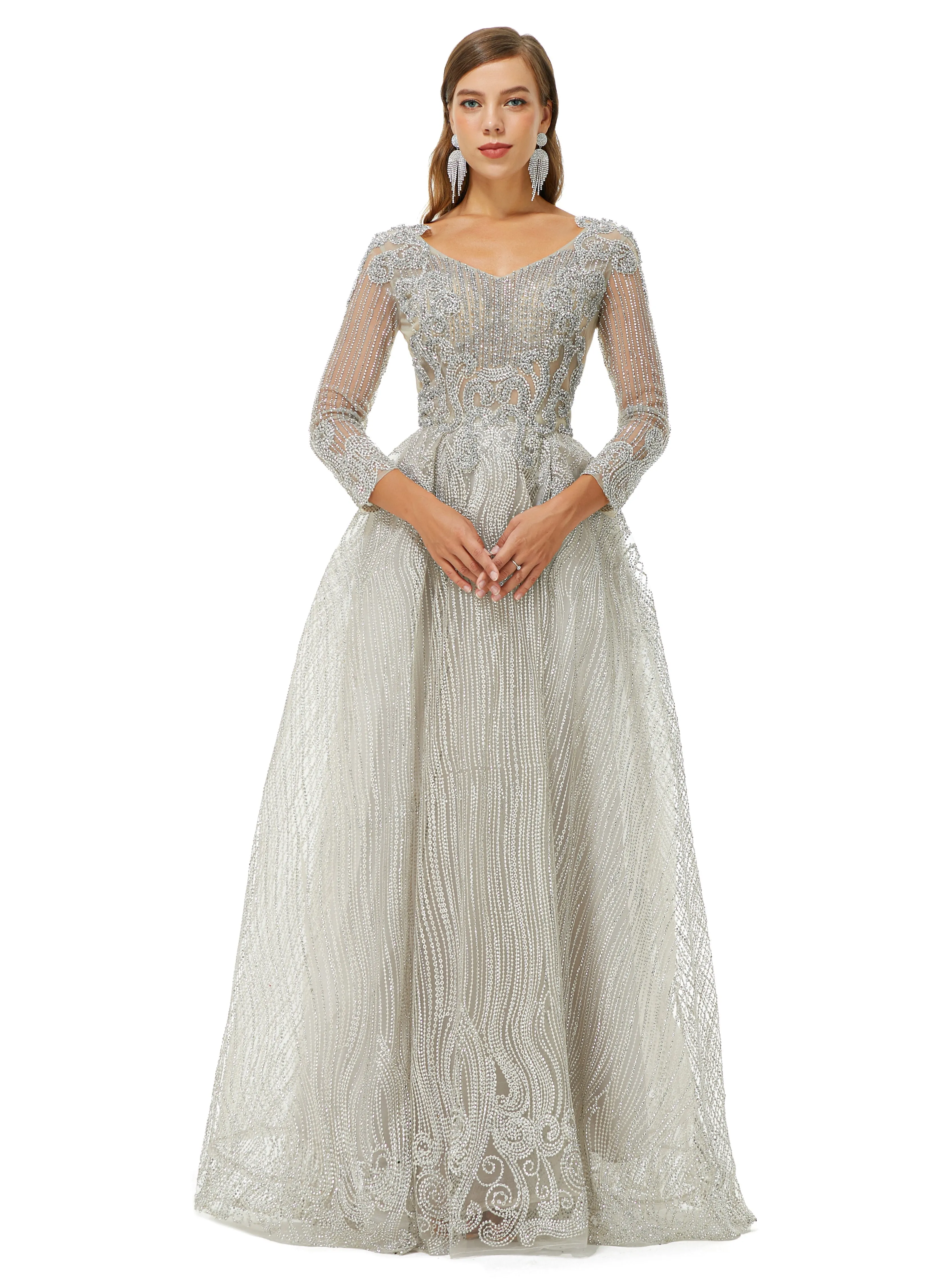 A-line V-neck Beading Floor-length Long Sleeve Open Back Lace Prom Dress