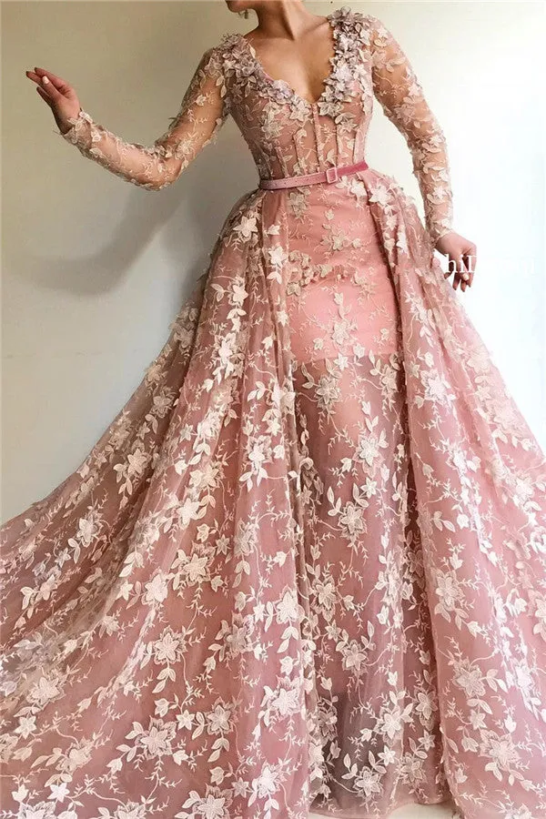 Chic See-Through Tulle Pink Long Sleevess Mermaid Prom Party Gowns