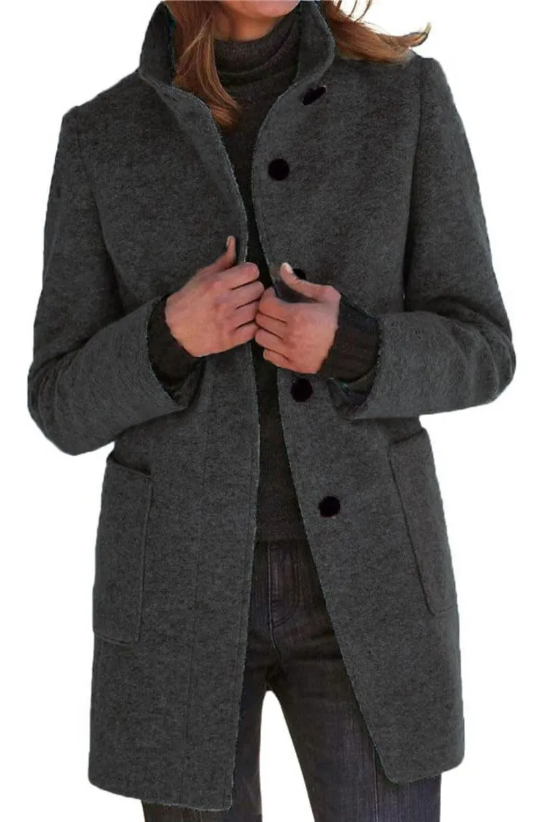 Chouyatou Women Winter Long Pea Coat Wool Blend Stand Collar Single Breast Thicken Blazer Jacket