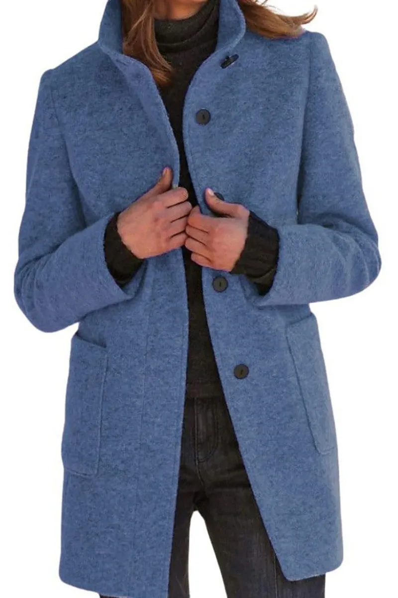 Chouyatou Women Winter Long Pea Coat Wool Blend Stand Collar Single Breast Thicken Blazer Jacket