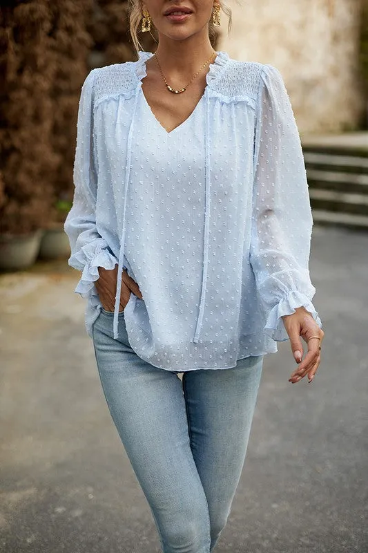 Dainty Dot Smocked Shoulder Blouse