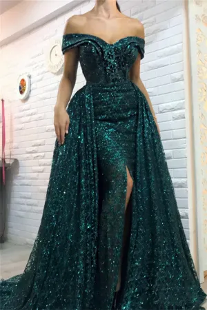 Dark Green Off-the-Shoulder Sparkle Long Evening Dresses Sheath Chic High Split Overskirt Prom Dresses