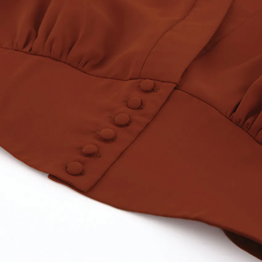 Elegant V-neck Lantern Sleeve Button Shirts Red