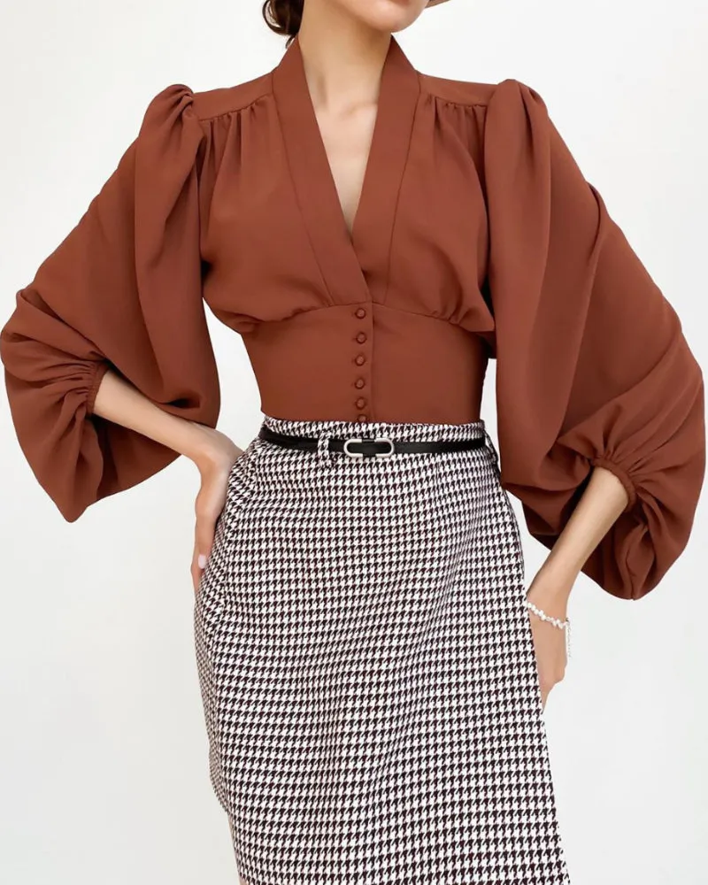 Elegant V-neck Lantern Sleeve Button Shirts Red