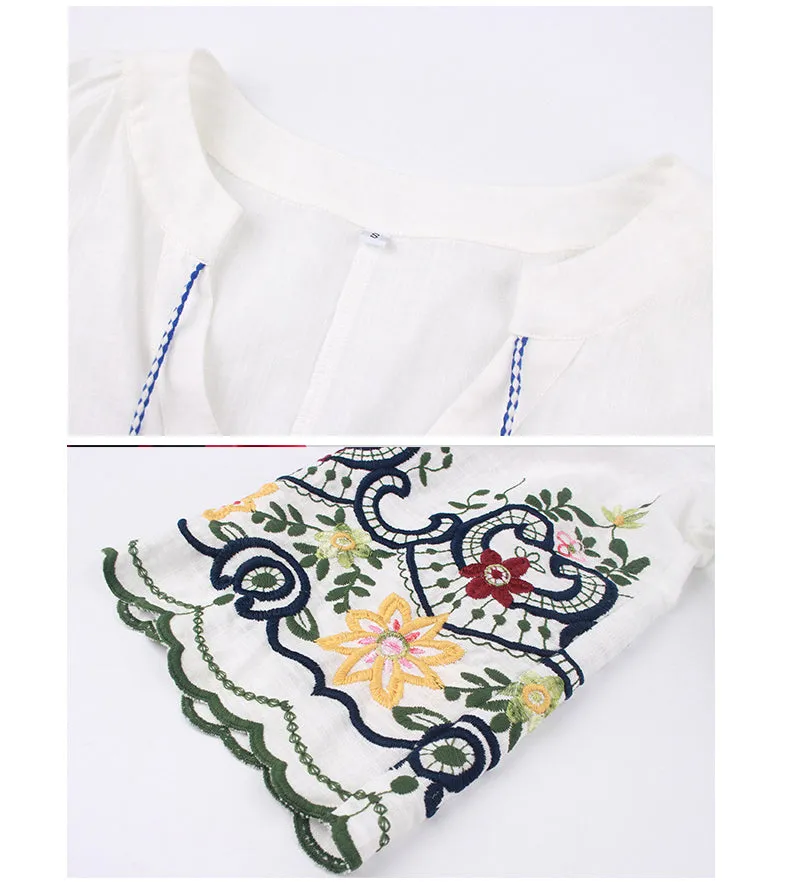 Embroidered V-neck Cotton and Linen Shirt T-shirt