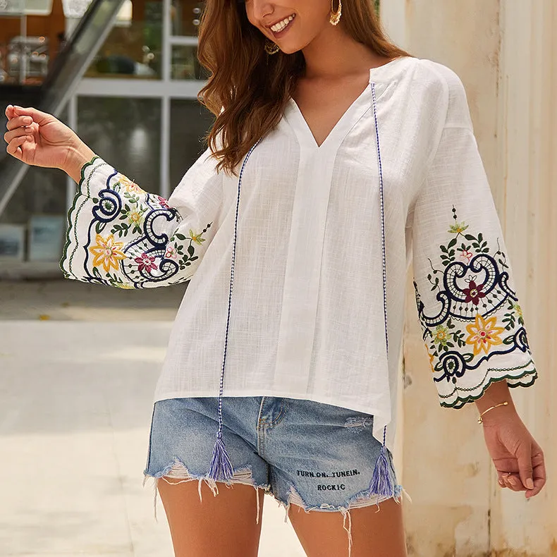Embroidered V-neck Cotton and Linen Shirt T-shirt