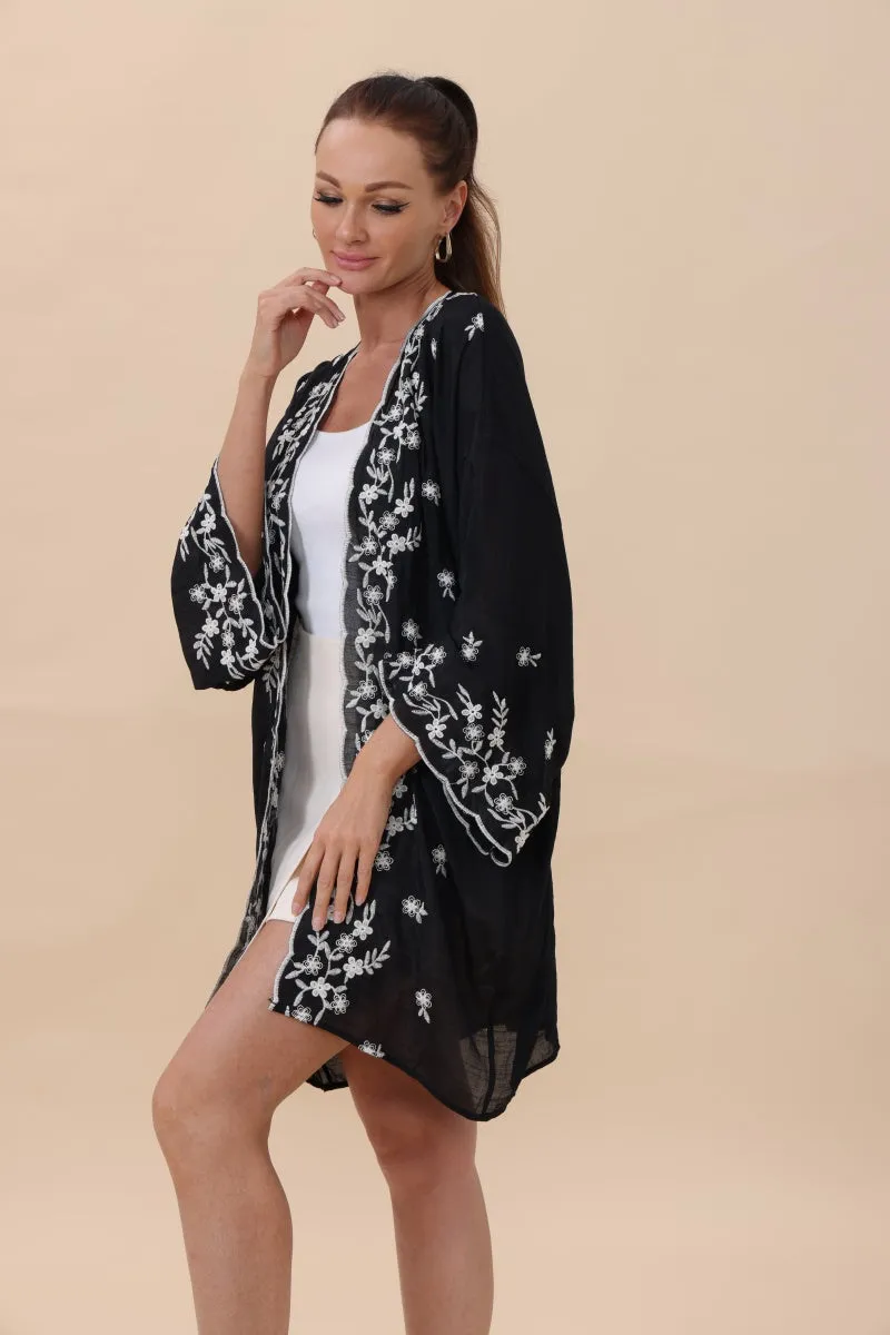 Floral Embroidered Open Front Kimono Cardigan – Lightweight