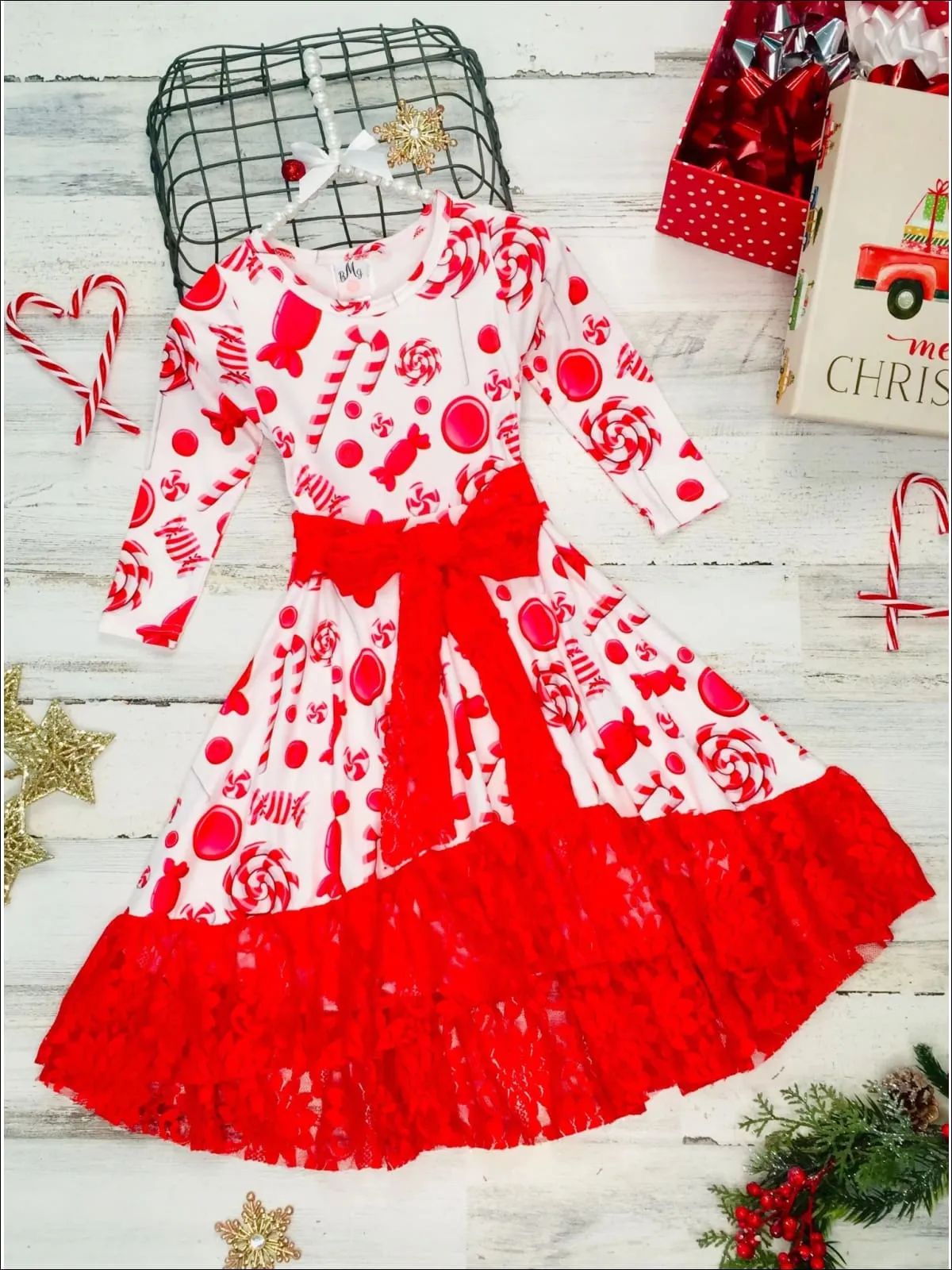 Girls A-Line Long Sleeve Lace Ruffled Hem and Sash Twirl Dress