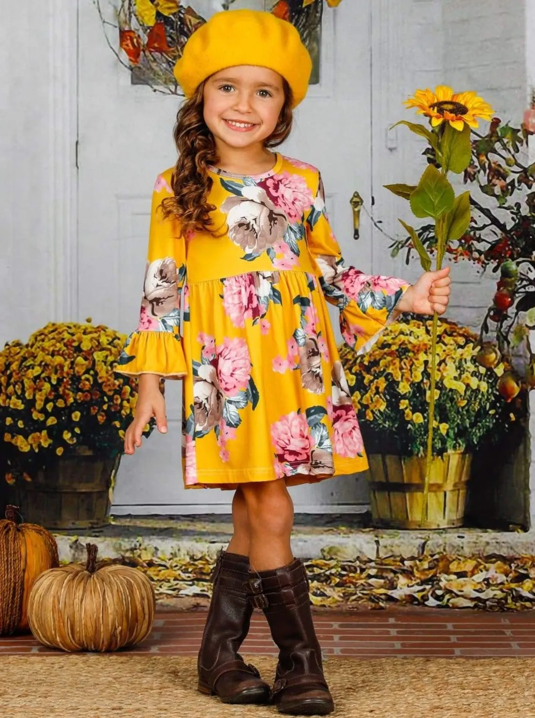 Girls Floral Ruffled Long Sleeve Dress