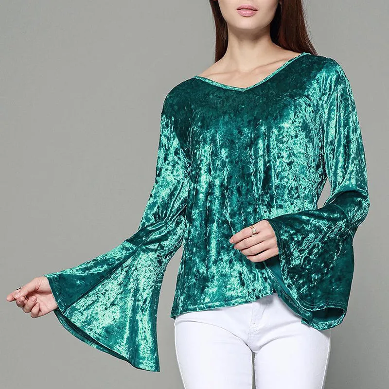 Gold Velvet Big Horn Long Sleeve Open Back Top