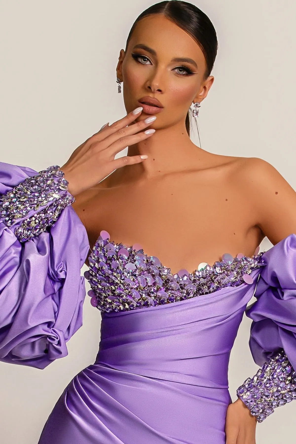 Gorgeous Lilac Detachable Sleeves Prom Dress Mermaid Sweetheart With Sequins