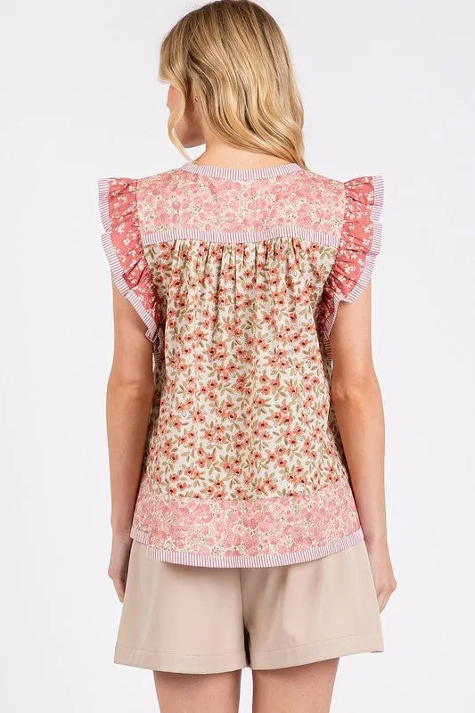 Hazel Blues® |  Mittoshop Floral Notched Ruffled Cap Sleeve Blouse