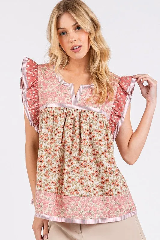 Hazel Blues® |  Mittoshop Floral Notched Ruffled Cap Sleeve Blouse