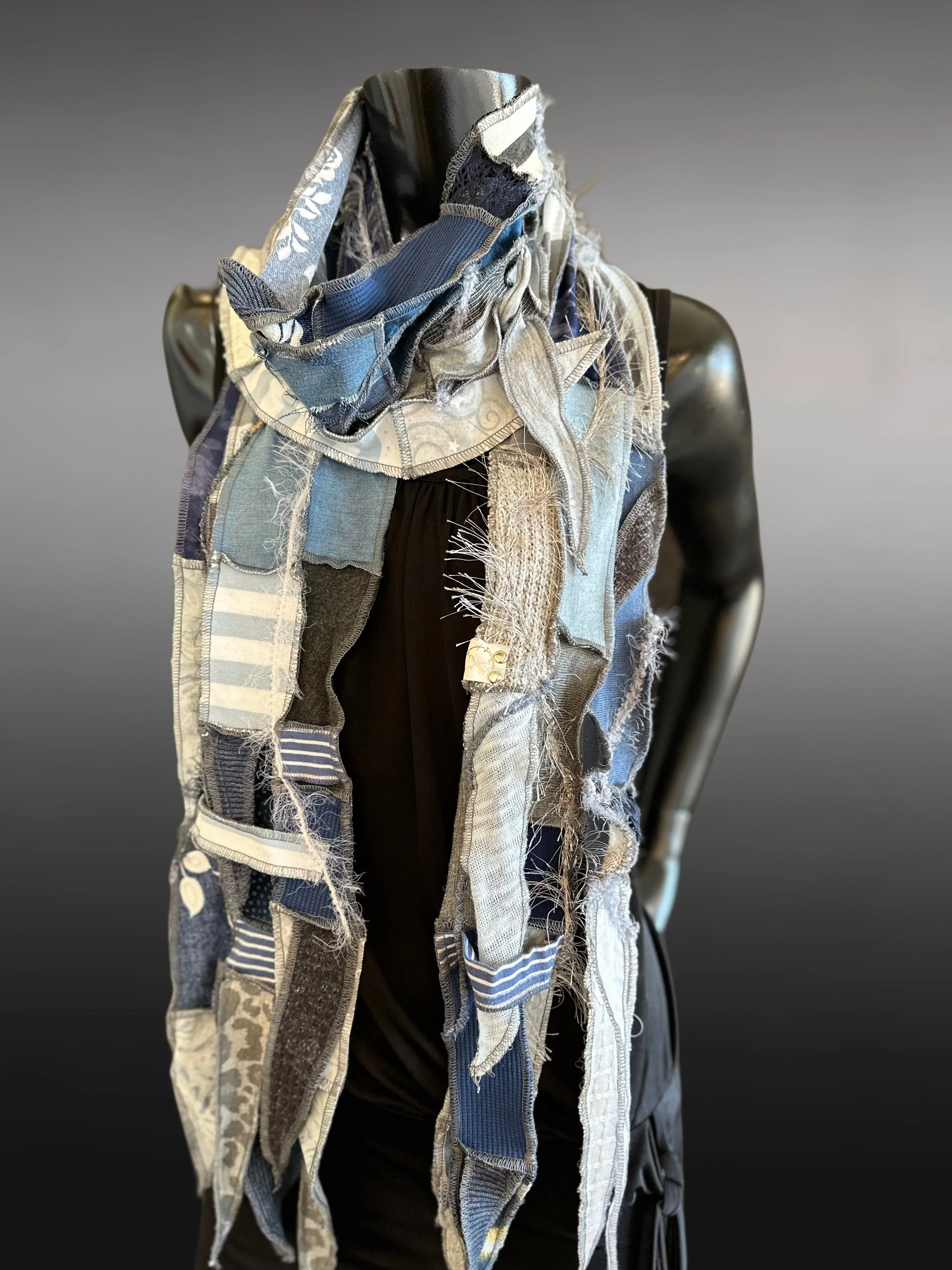 Hippie couture jean blue scarf, free form scarf, bohemian fashion