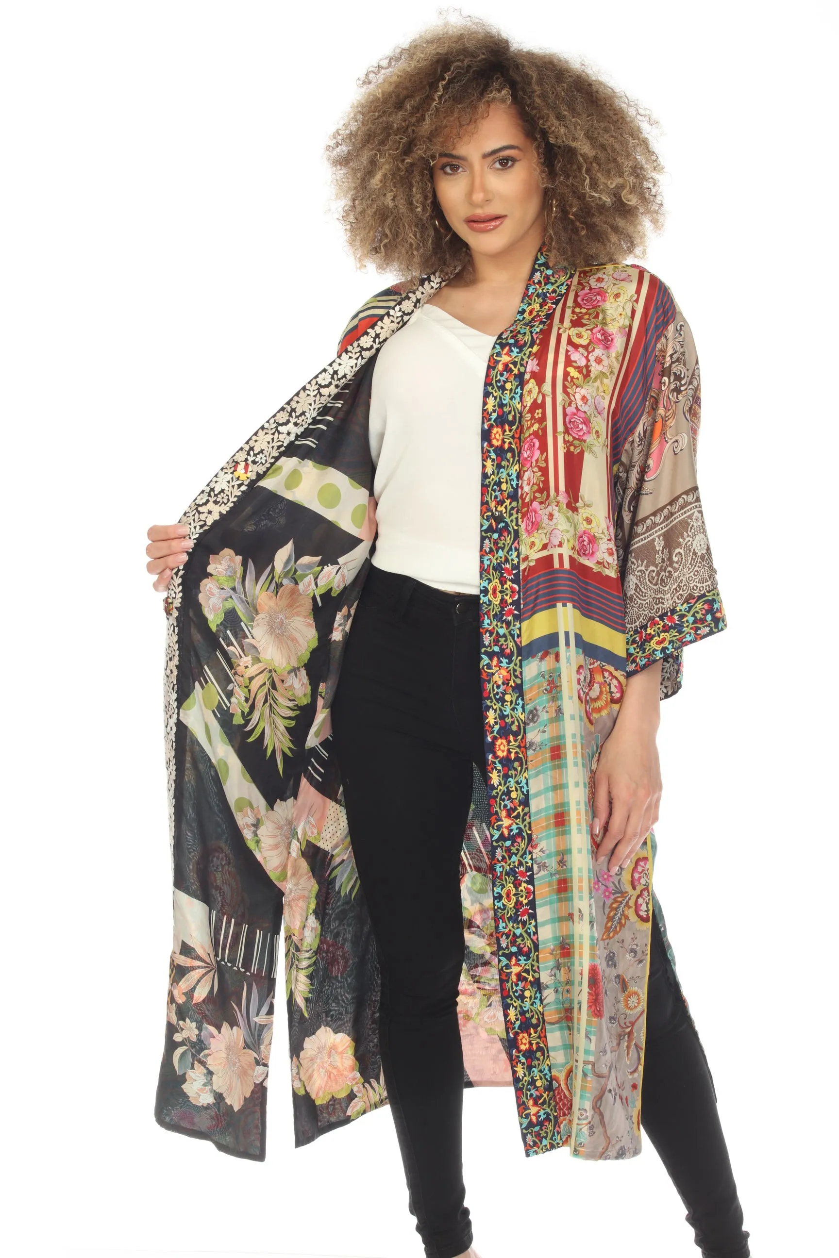 Johnny Was Odyssey Silk Floral Printed Embroidered Reversible Kimono Boho Chic C48123