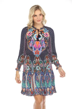 Johnny Was Saba Smocked Long Sleeve Swim Cover-Up Dress CSW5721-J Boho Chic