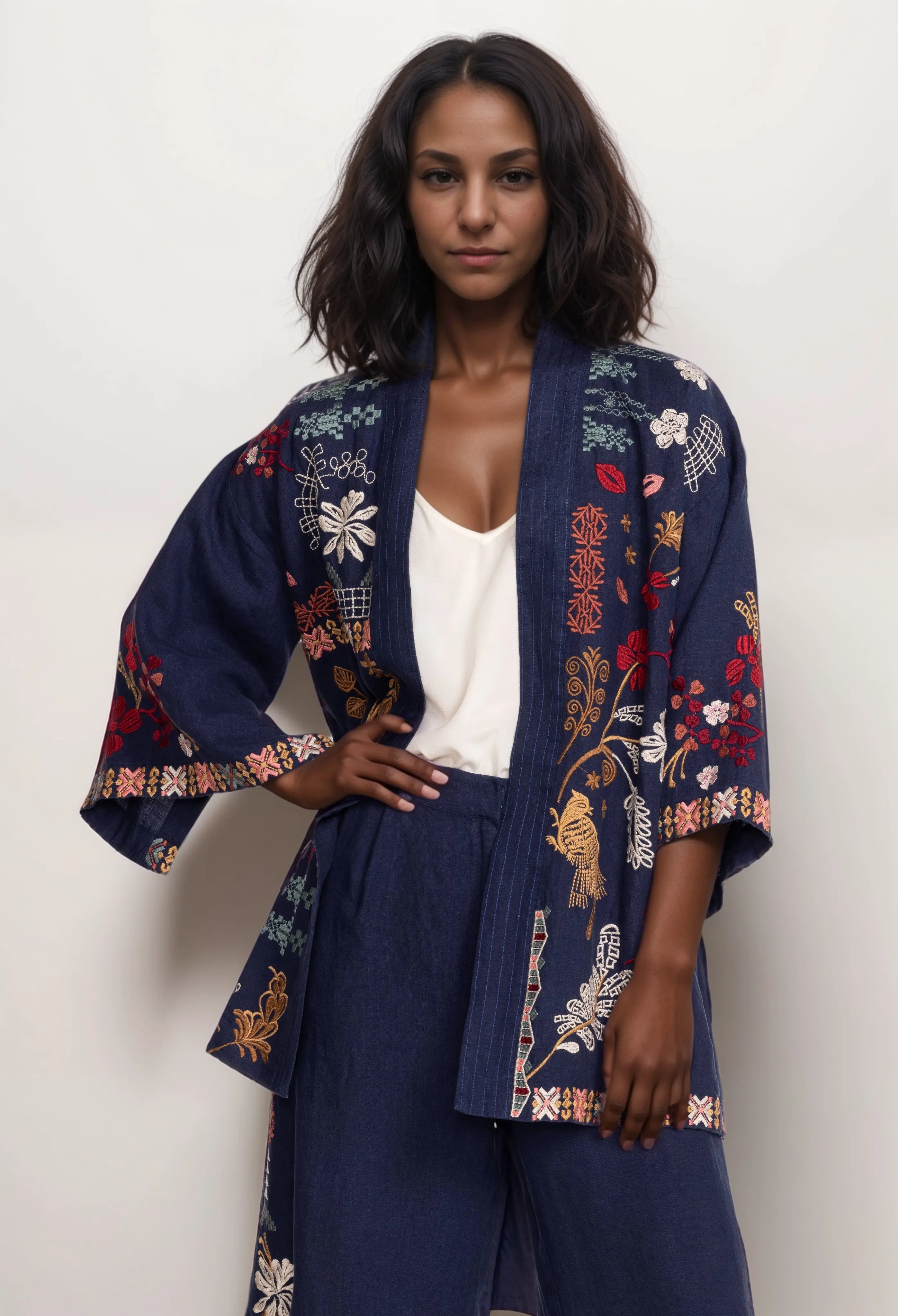 Johnny Was Zuzu Embroidered Linen Kimono R48323 Boho Chic