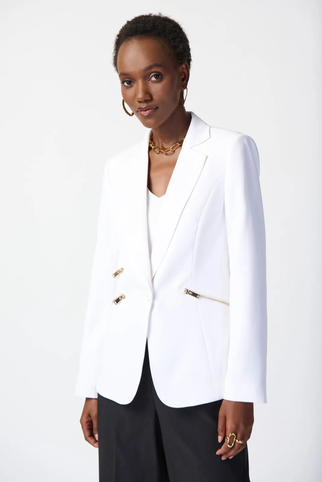 Joseph Ribkoff Vanilla Single-Button Zip Pockets Blazer Jacket 234929S24