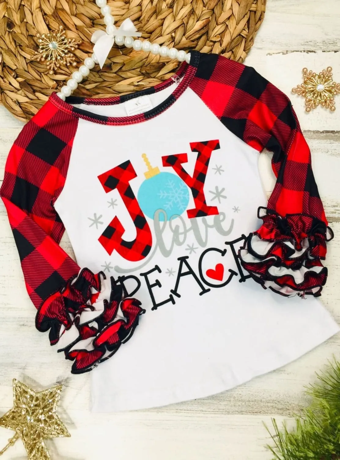 Joy Love Peace Plaid Ruffle Raglan Top