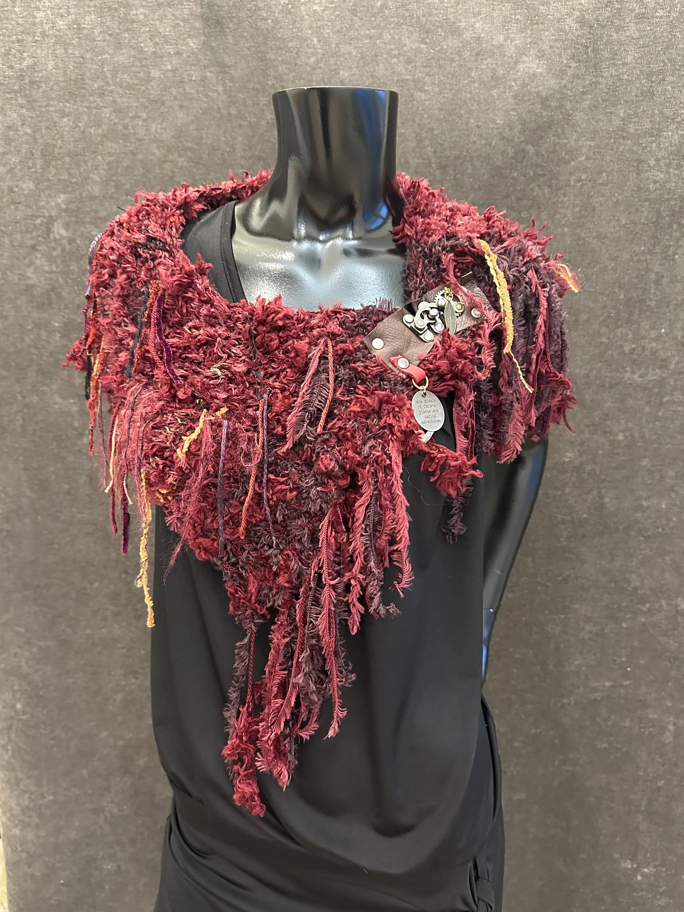 Knit bohemian inspired fantasy burgundy red cowl with snap closure, artwear, Viking style