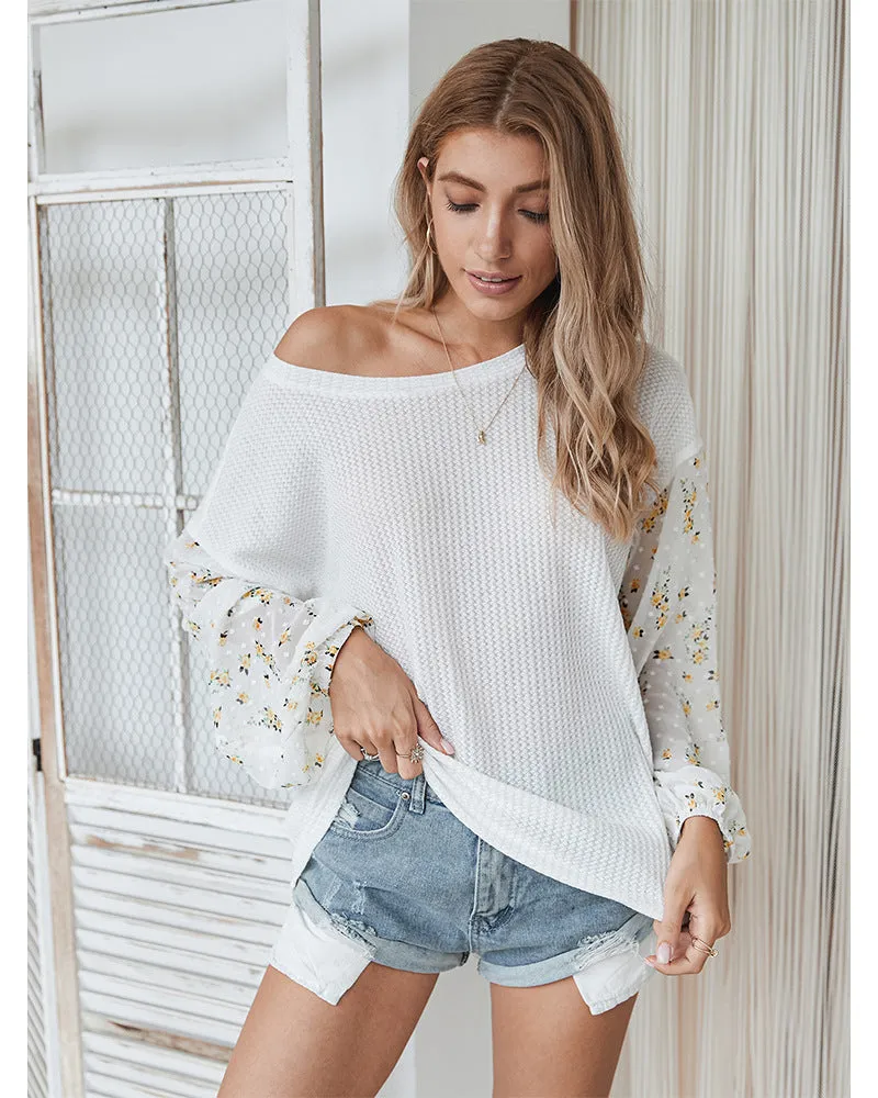 Knit Tops Joint Chiffon Printed Long Sleeve Shirts