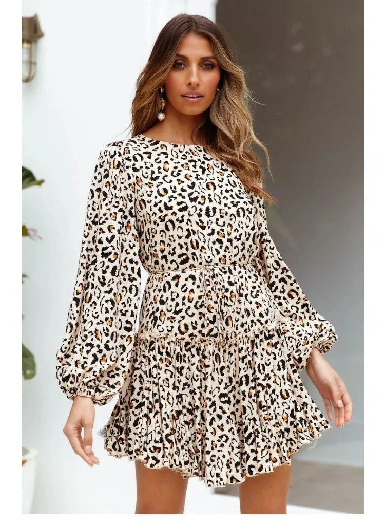 Lace-up Elastic Sleeve Ruffled Floral Mini Dresses