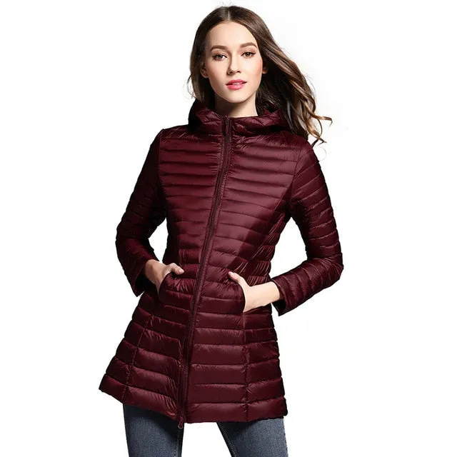 Long Down Jacket Women Winter Down Coats Ultra Light Down Jacket Quilted Hooded Coat Women Duck Downs Jacket Coat