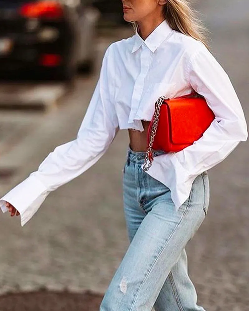 Long Sleeve Single-breasted Irregular Short Cotton Shirt Blouse