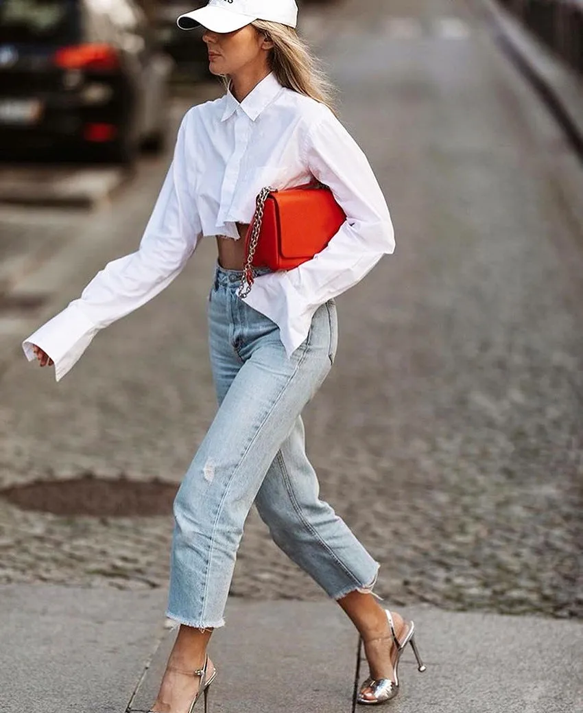 Long Sleeve Single-breasted Irregular Short Cotton Shirt Blouse