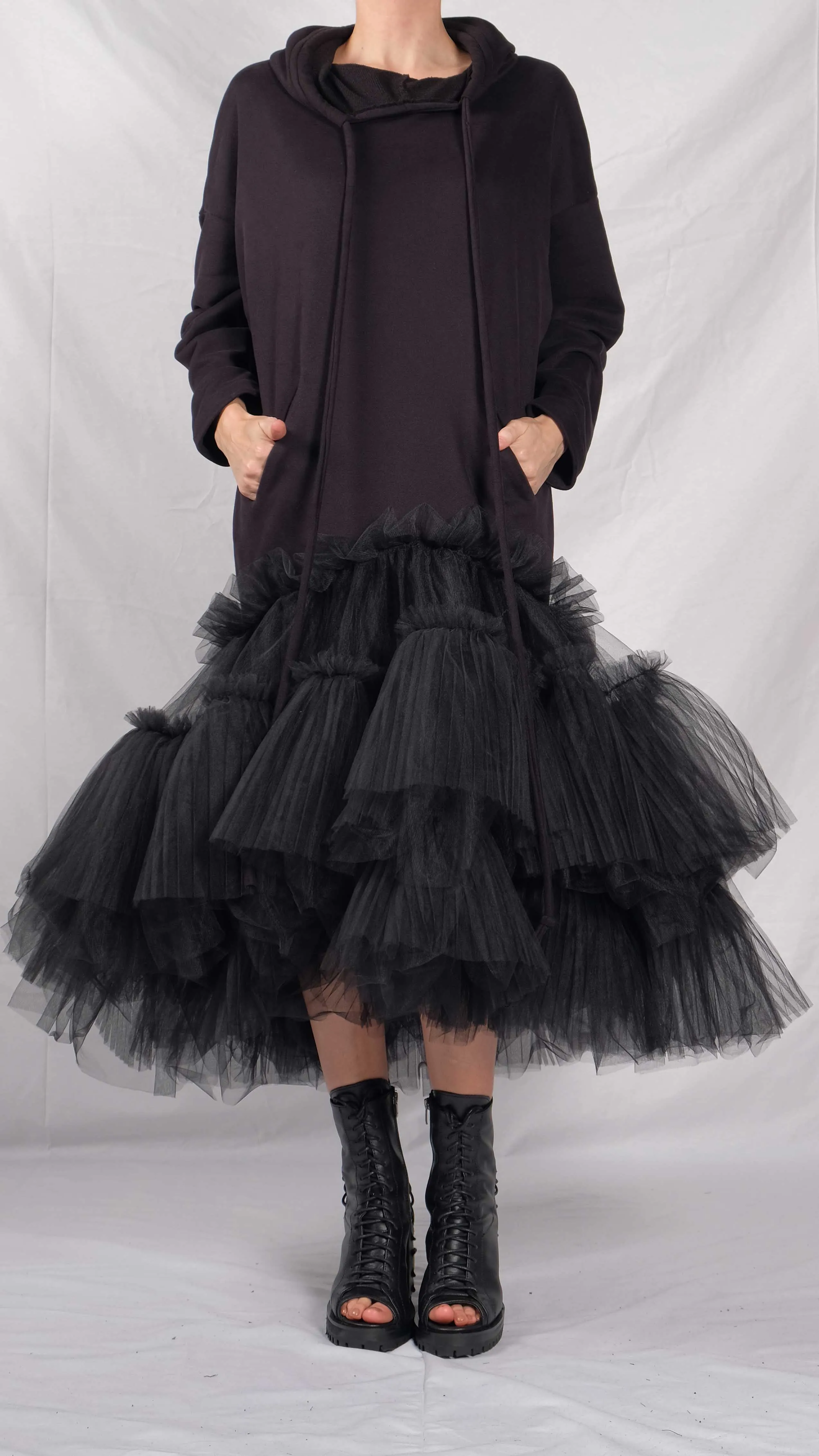 Oversized Hoodie with Ruffled Tulle Skirt Bottom