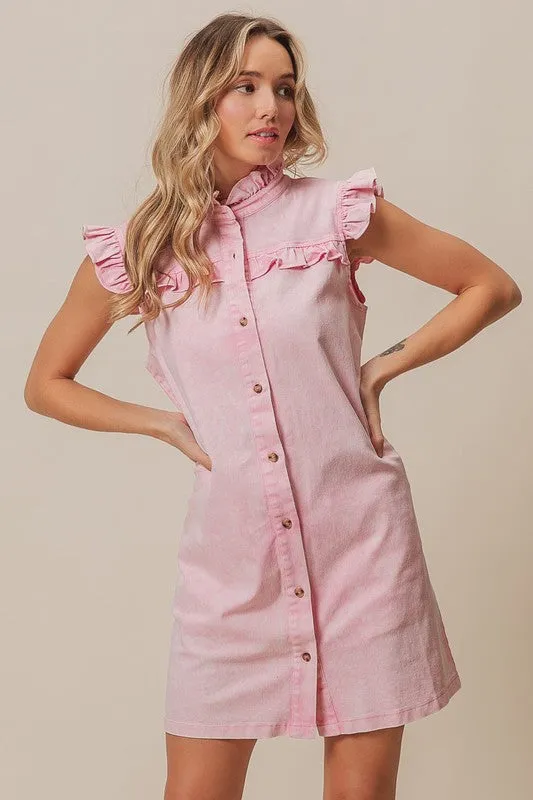 Pink Washed Button Down Ruffled Cap Sleeve Denim Dress