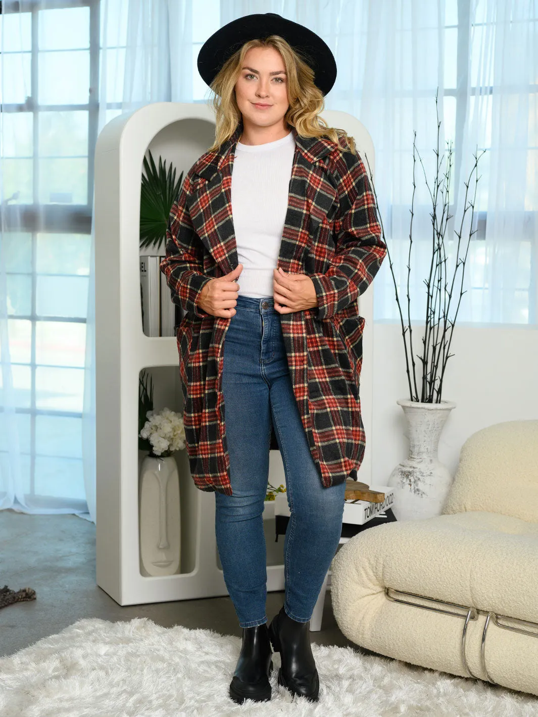 PLUS SIZE LONG SLEEVE BUTTON UP PLAID CARDIGAN