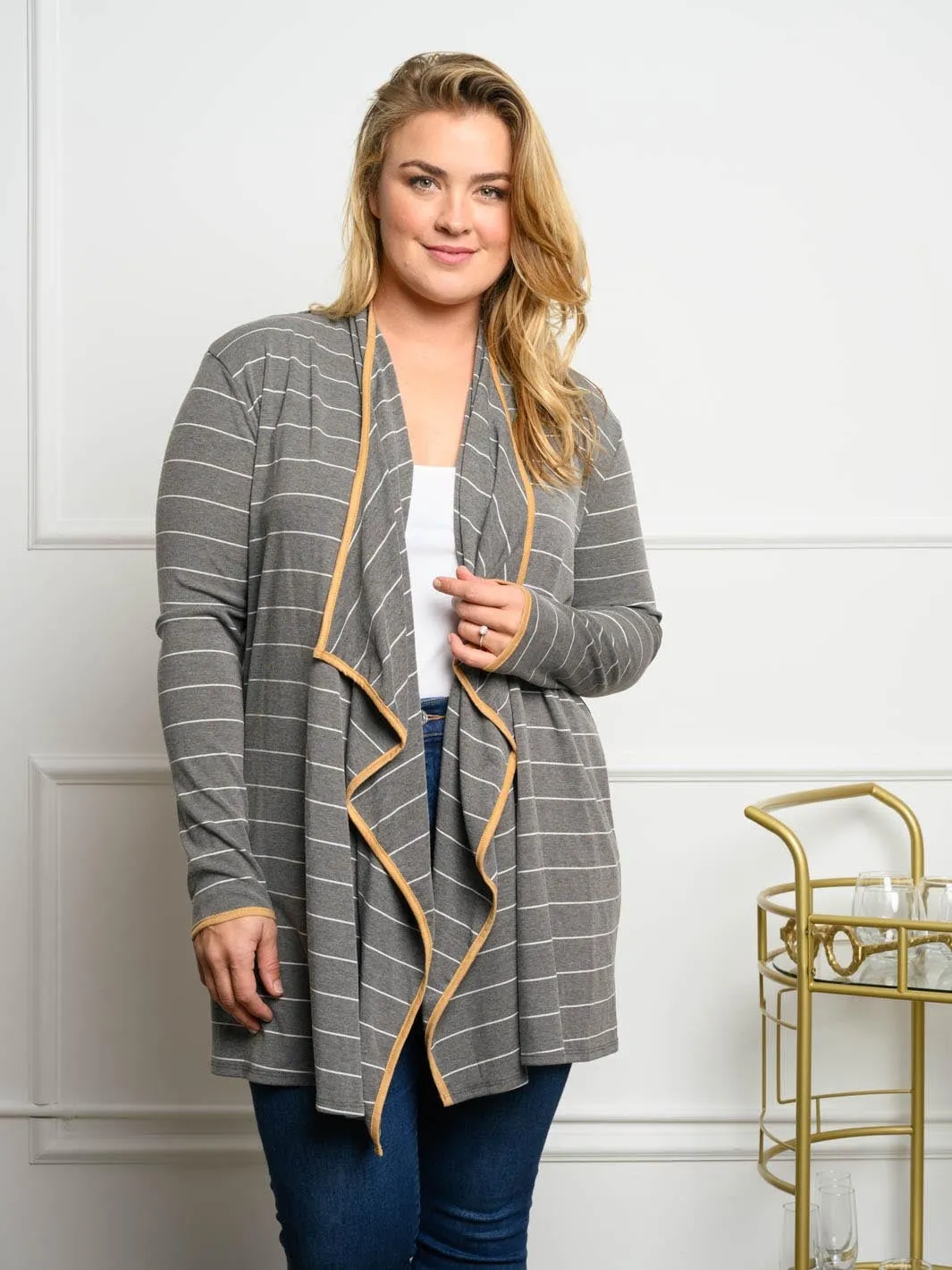 PLUS SIZE STRIPED LONG SLEEVE CARDIGAN