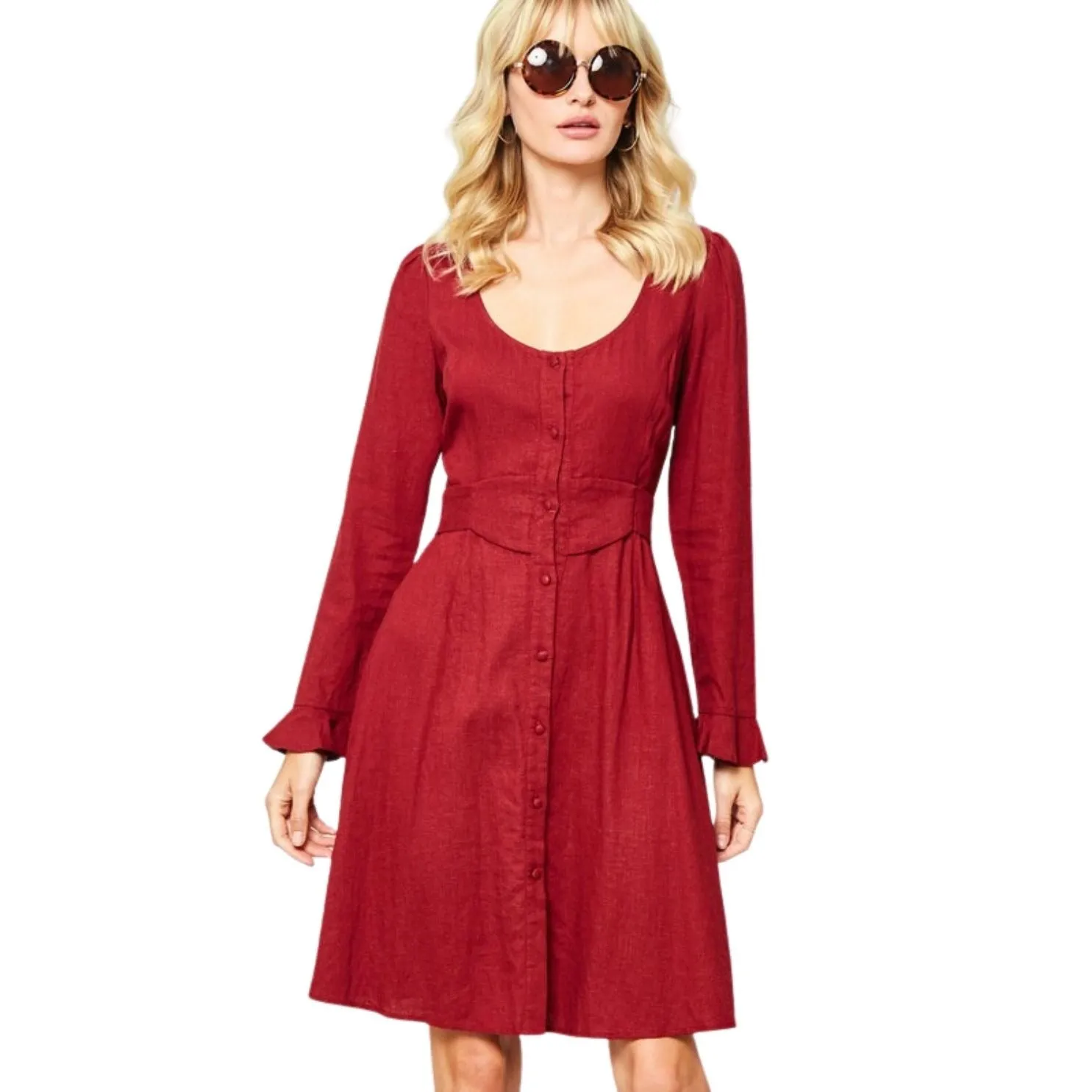 Promesa Burgundy Scoop Neck Puff-Sleeve Ruffled Mini Dress HDE8359-BURG