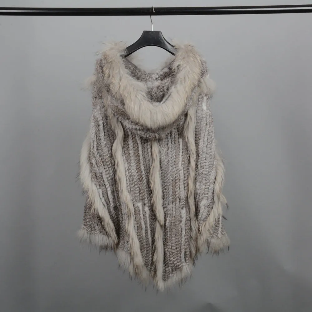 Real Rabbit & Raccoon Fur Knitted Poncho Women's Shawls Winter Cape Cap Natural Grey
