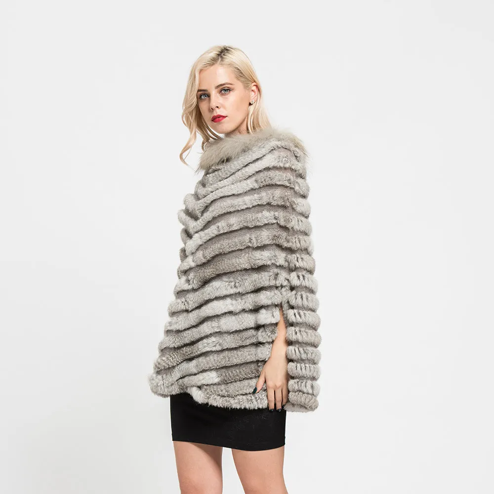 Real Rabbit Knitted Fur Poncho Winter Fashion Capes Female Party Shawl Natural Grey