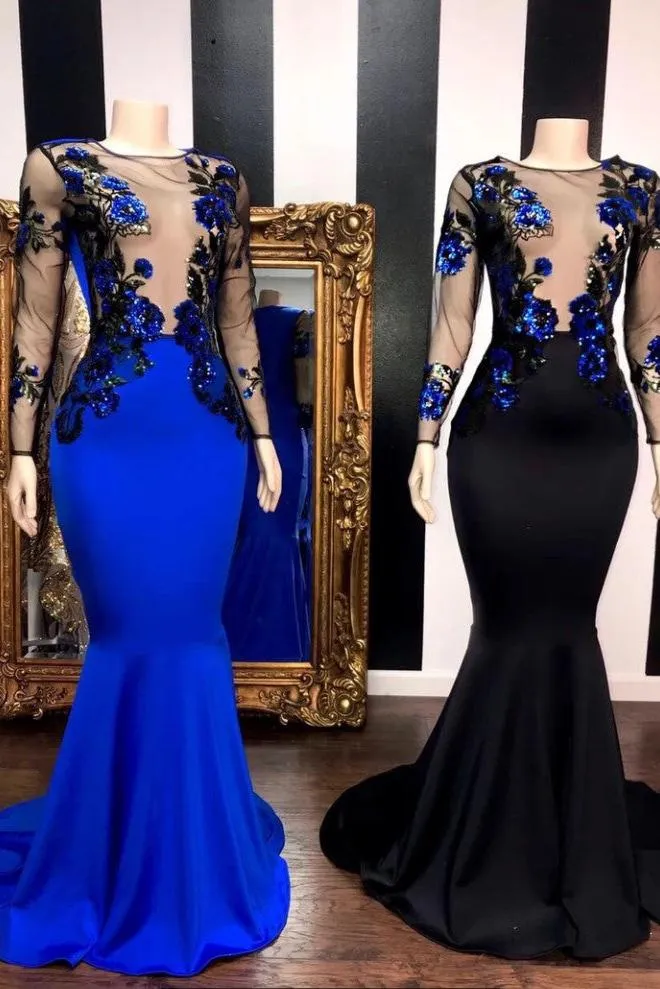 See Through Long Sleevess Flowers Mermaid Prom Dresses