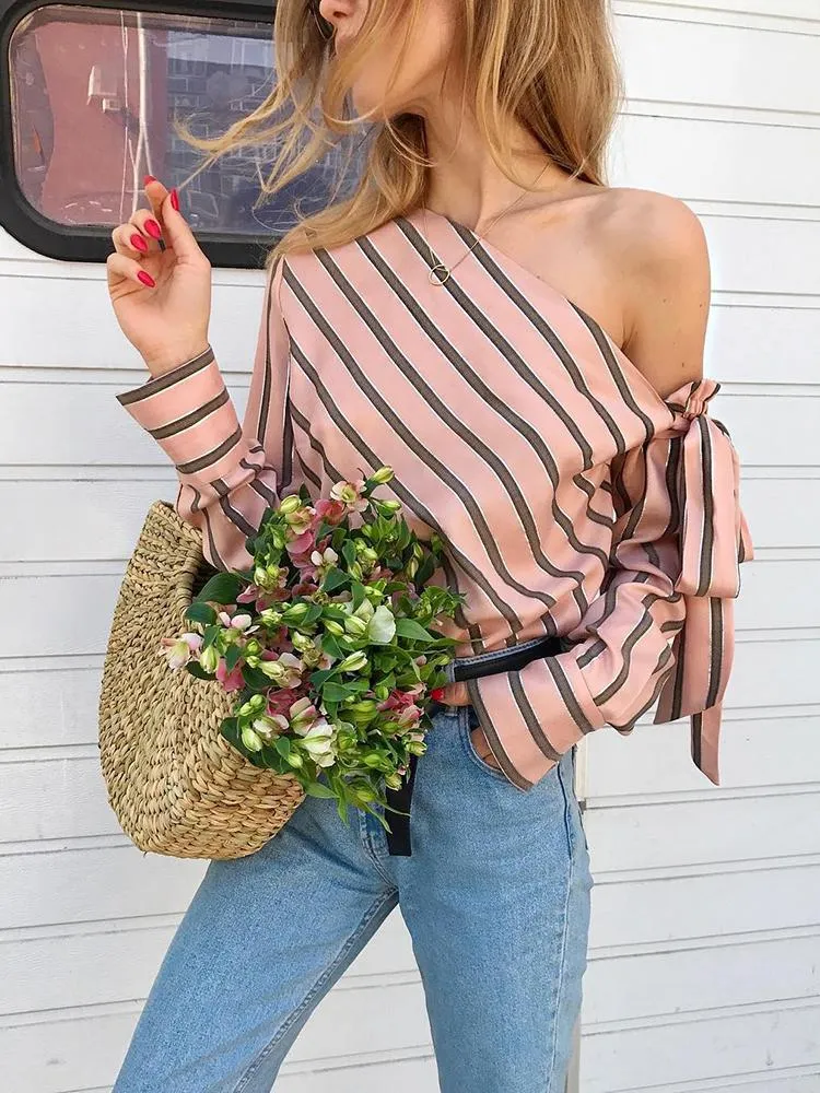Sexy Cross-Shoulder Strapless Striped Long Sleeve Shirt