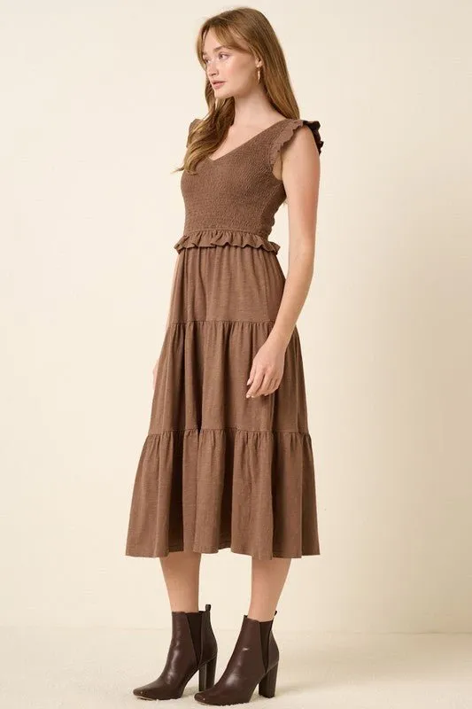 Smocked Ruffled Tiered Midi Dress