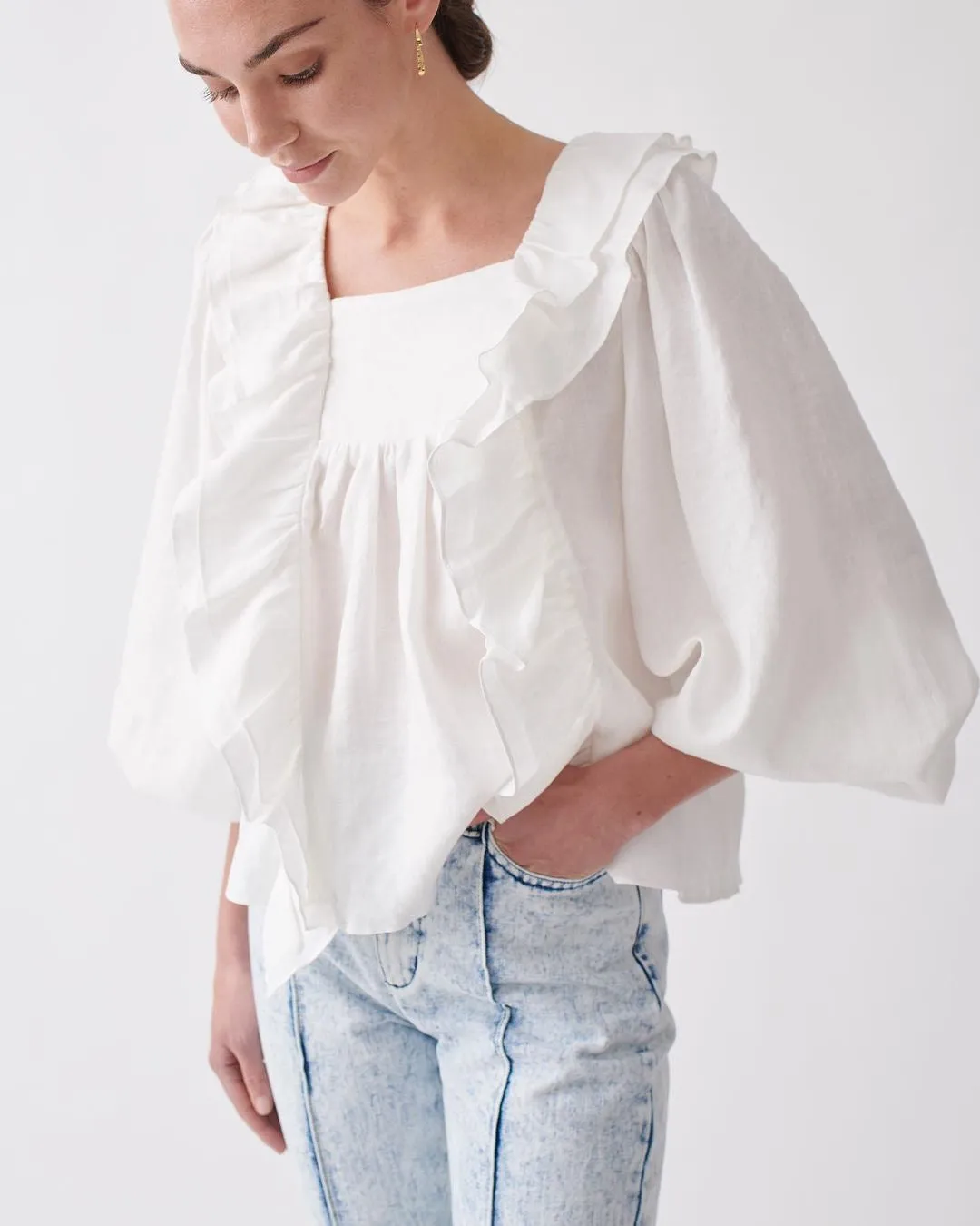 Square Collar Ruffled Lantern Sleeve Shirts Blouses