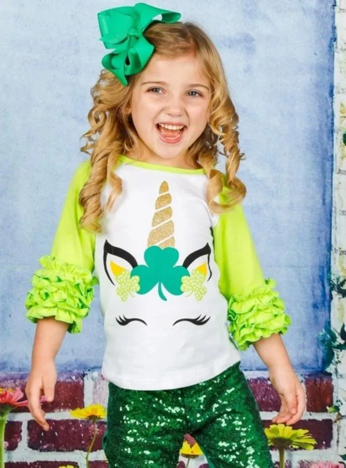 St. Paddy's Unicorn Ruffle Raglan Top
