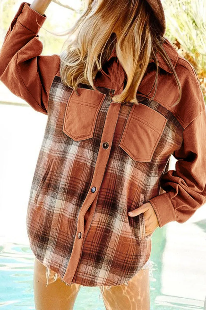 Street Plaid Patchwork Pocket Turndown Collar Blouses(3 Colors)