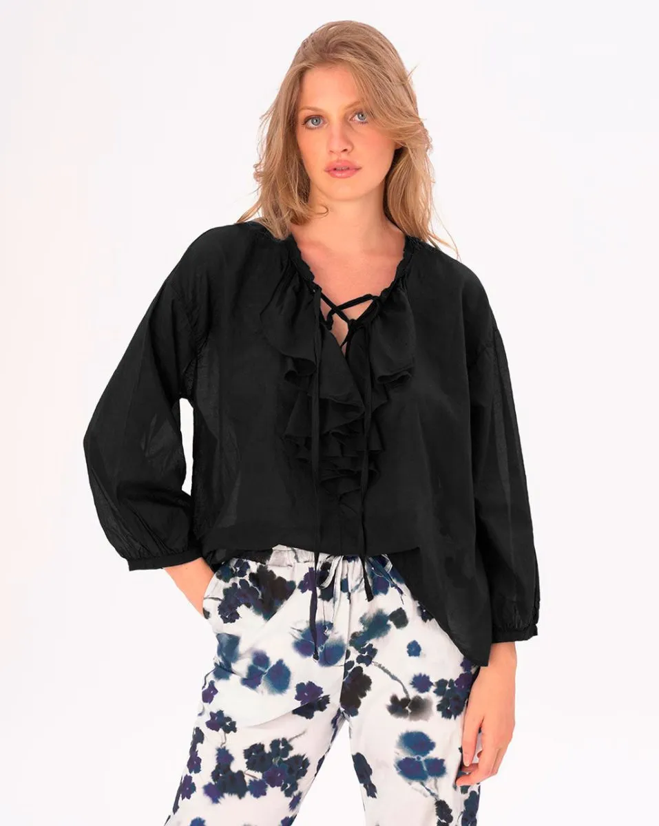 Tie Ruffled Collar Cotton Shirt