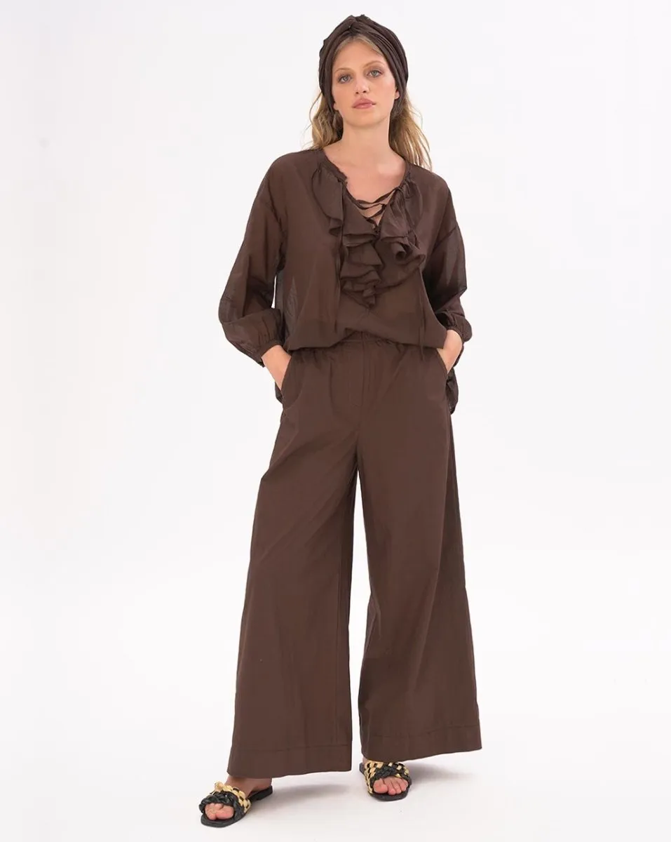 Tie Ruffled Collar Cotton Shirt