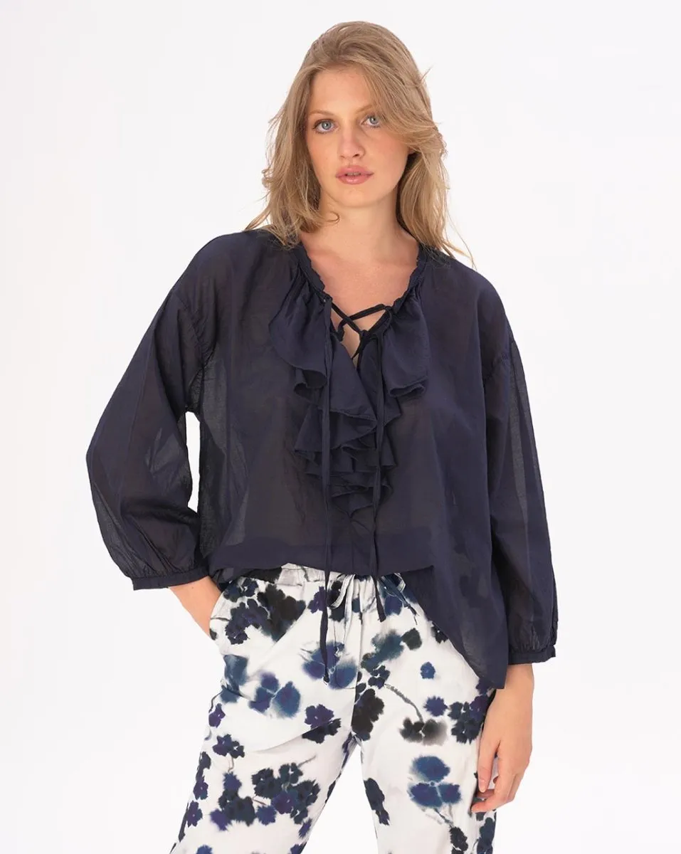 Tie Ruffled Collar Cotton Shirt