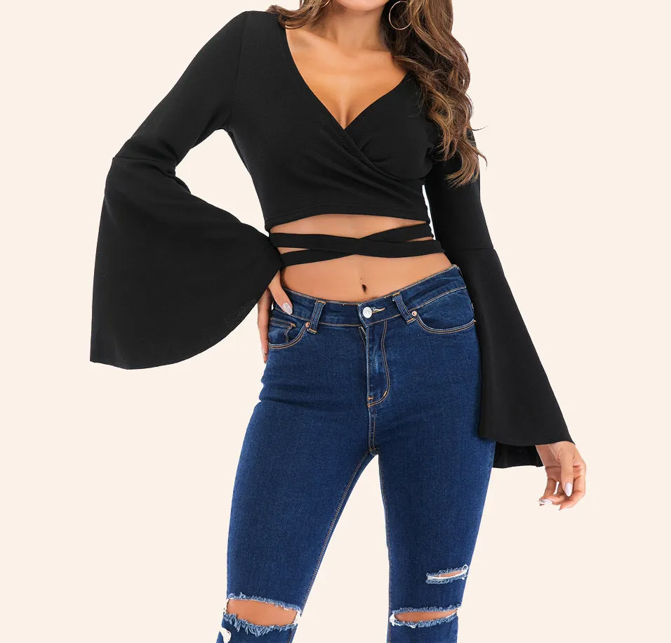 Trumpet Sleeve Sexy Lace Up Long Sleeve T-Shirt