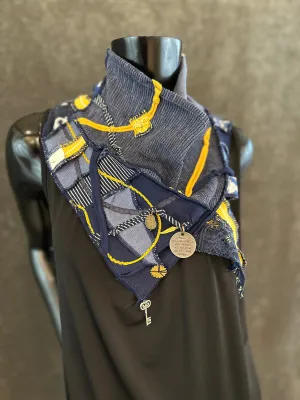Upcycled couture neck cowl scarf in navy yellow jean boho hippie eco-friendly scarves, fabric neckwarmer