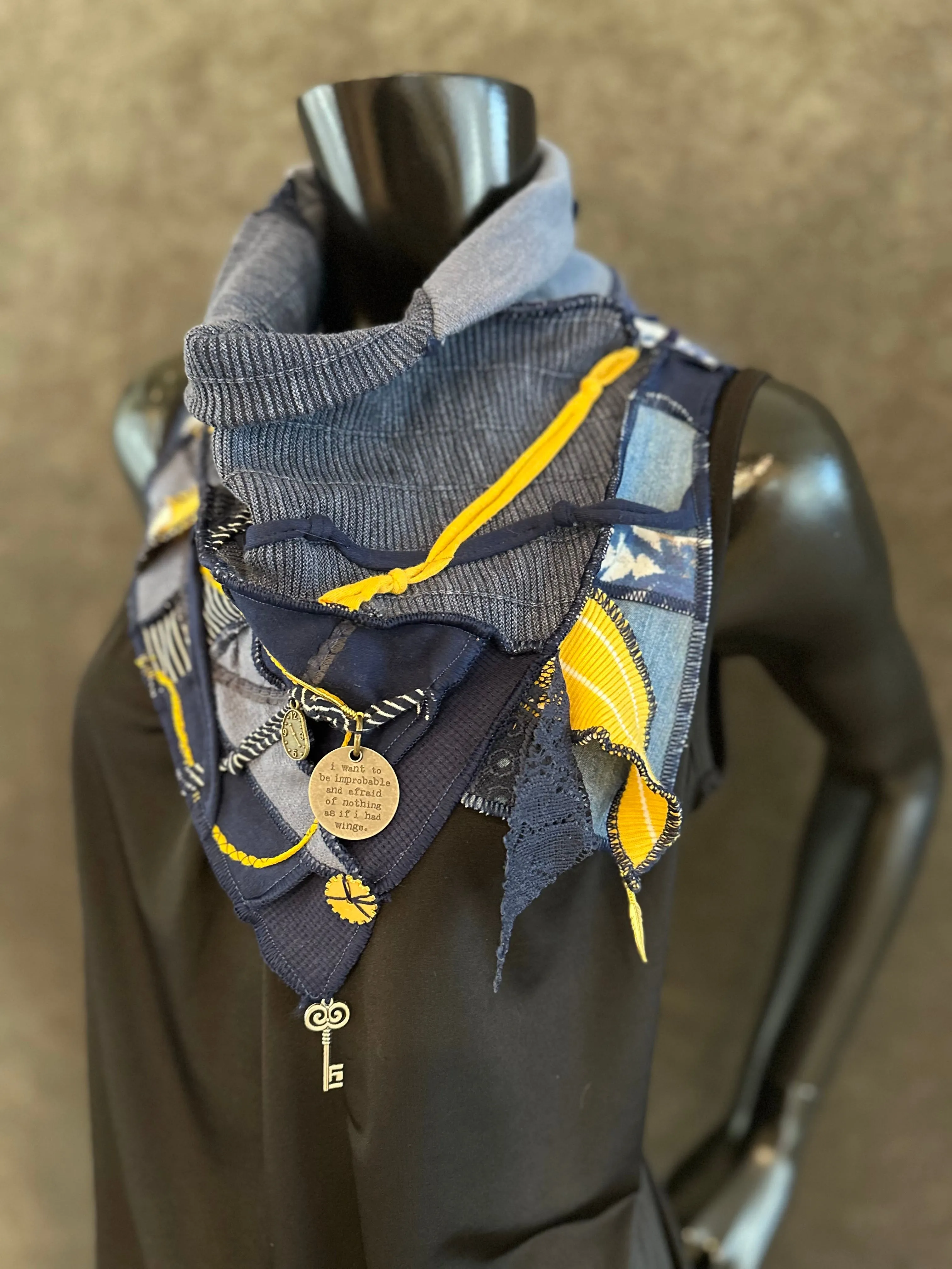 Upcycled couture neck cowl scarf in navy yellow jean boho hippie eco-friendly scarves, fabric neckwarmer