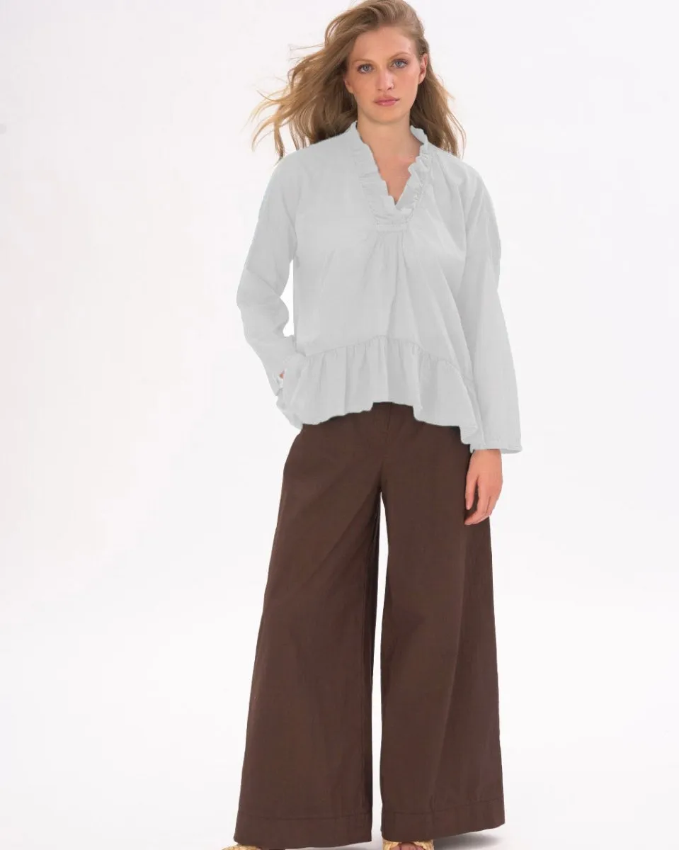 V-neck Ruffled Tie Collar Cotton Shirt