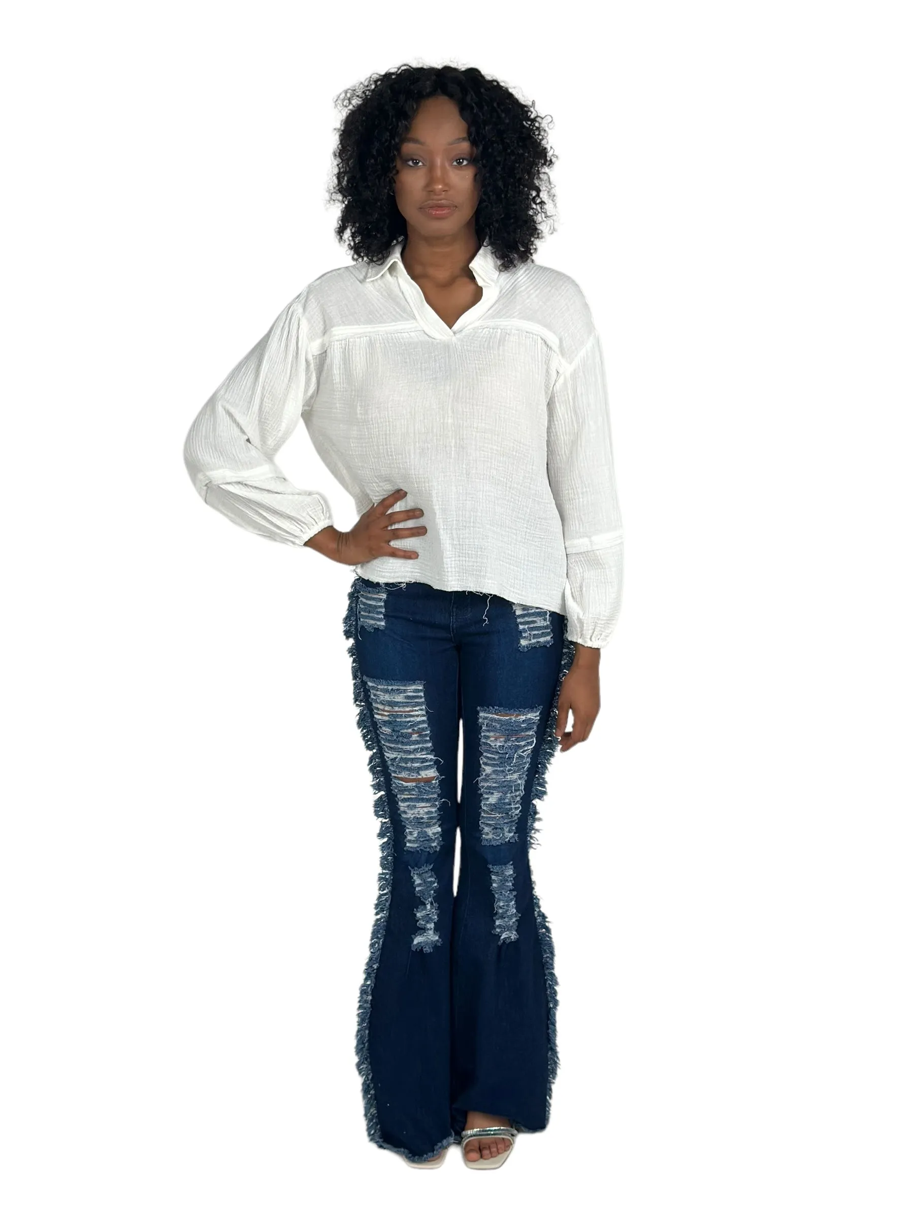 White Collared Gauze Top